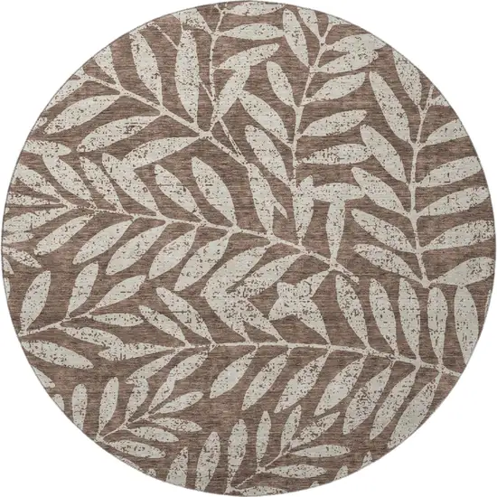 8' Brown And Beige Floral Washable Round Rug With UV Protection Photo 4