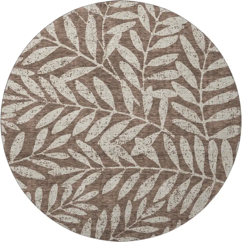 8' Brown And Beige Floral Washable Round Rug With UV Protection Photo 4