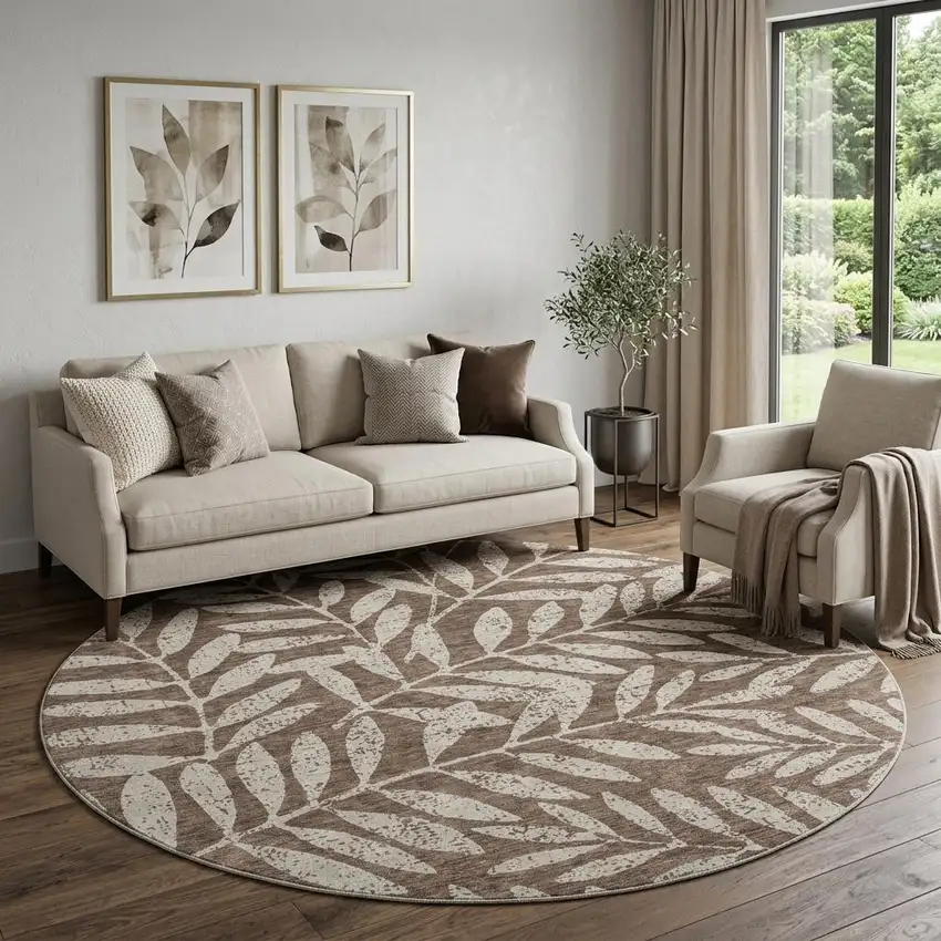 8' Brown And Beige Floral Washable Round Rug With UV Protection Photo 1