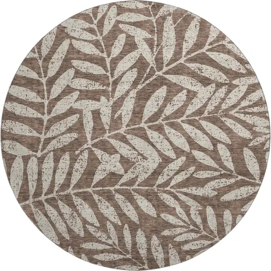 8' Brown And Beige Floral Washable Round Rug With UV Protection Photo 1