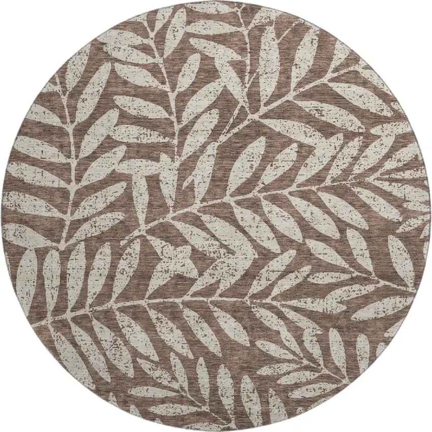 8' Brown And Beige Floral Washable Round Rug With UV Protection Photo 1