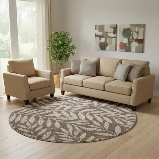 8' Brown And Beige Floral Washable Round Rug With UV Protection Photo 1