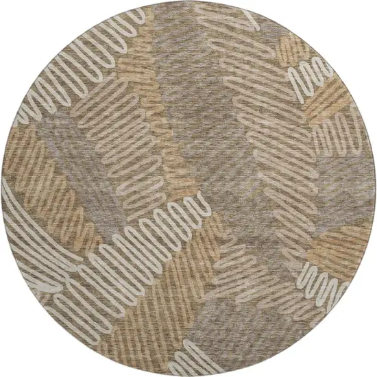 8' Brown And Beige Floral Washable Round Rug With UV Protection Photo 1