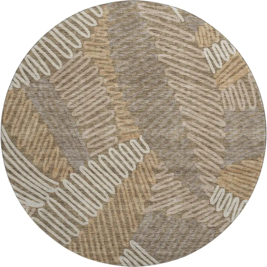 8' Brown And Beige Floral Washable Round Rug With UV Protection Photo 1