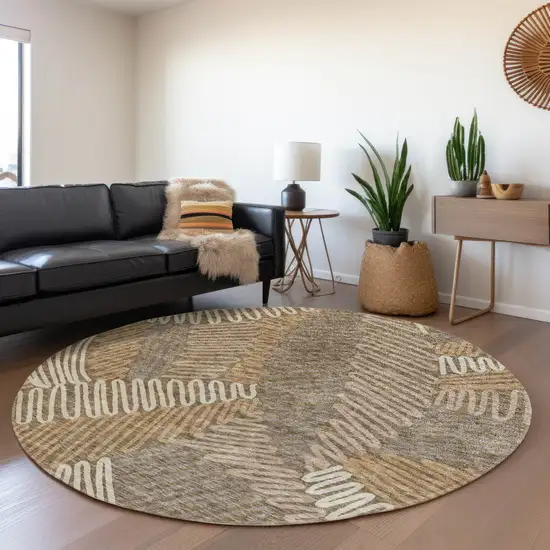 8' Brown And Beige Floral Washable Round Rug With UV Protection Photo 4