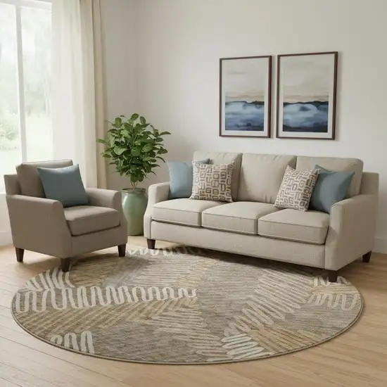 8' Brown And Beige Floral Washable Round Rug With UV Protection Photo 1