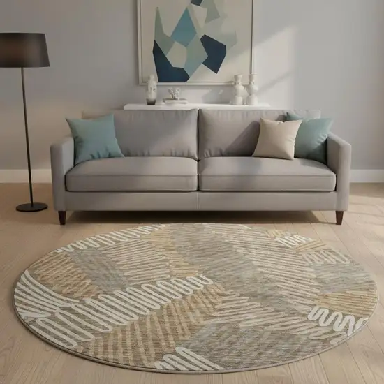 8' Brown And Beige Floral Washable Round Rug With UV Protection Photo 2