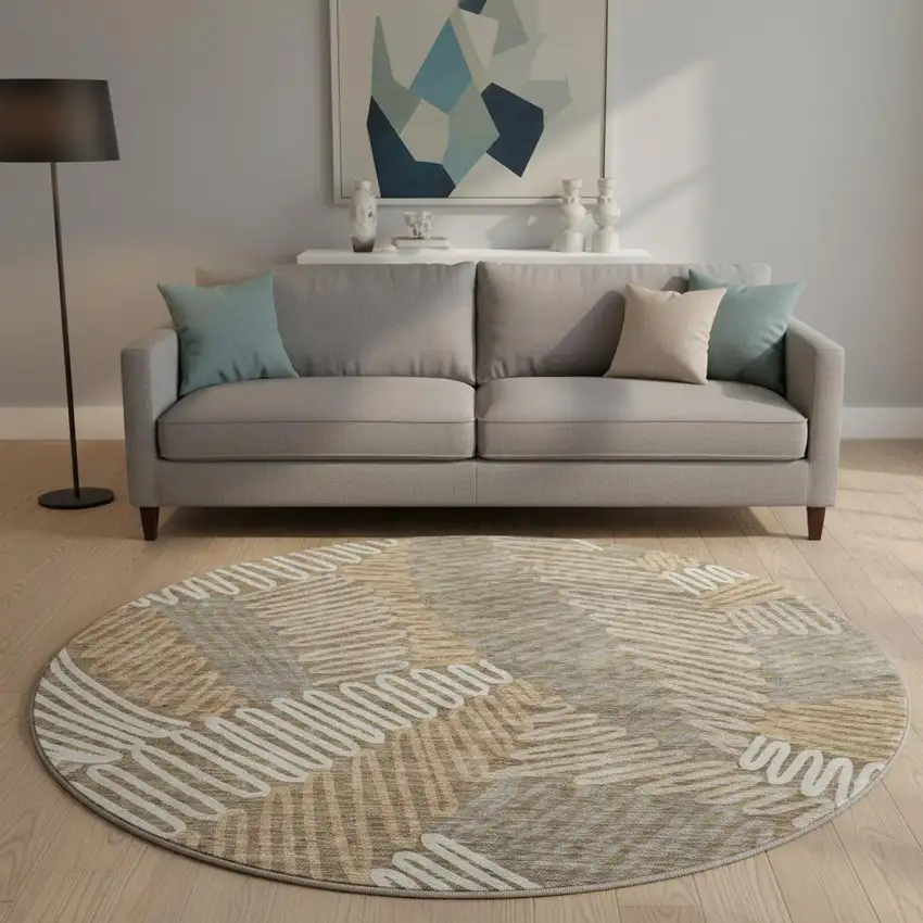 8' Brown And Beige Floral Washable Round Rug With UV Protection Photo 2