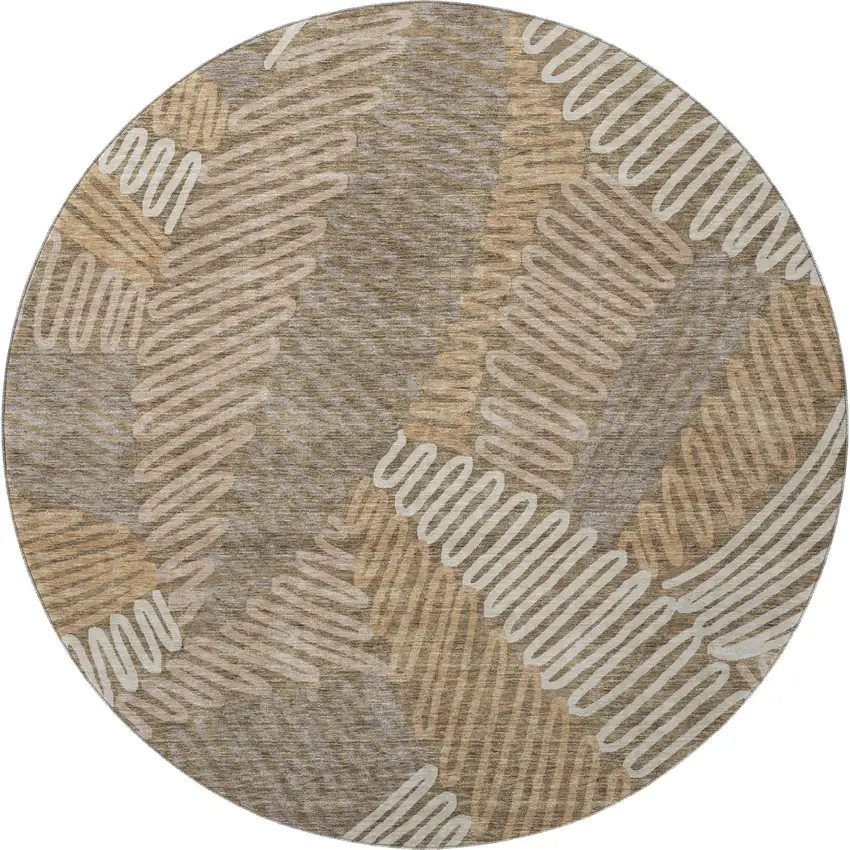 8' Brown And Beige Floral Washable Round Rug With UV Protection Photo 3