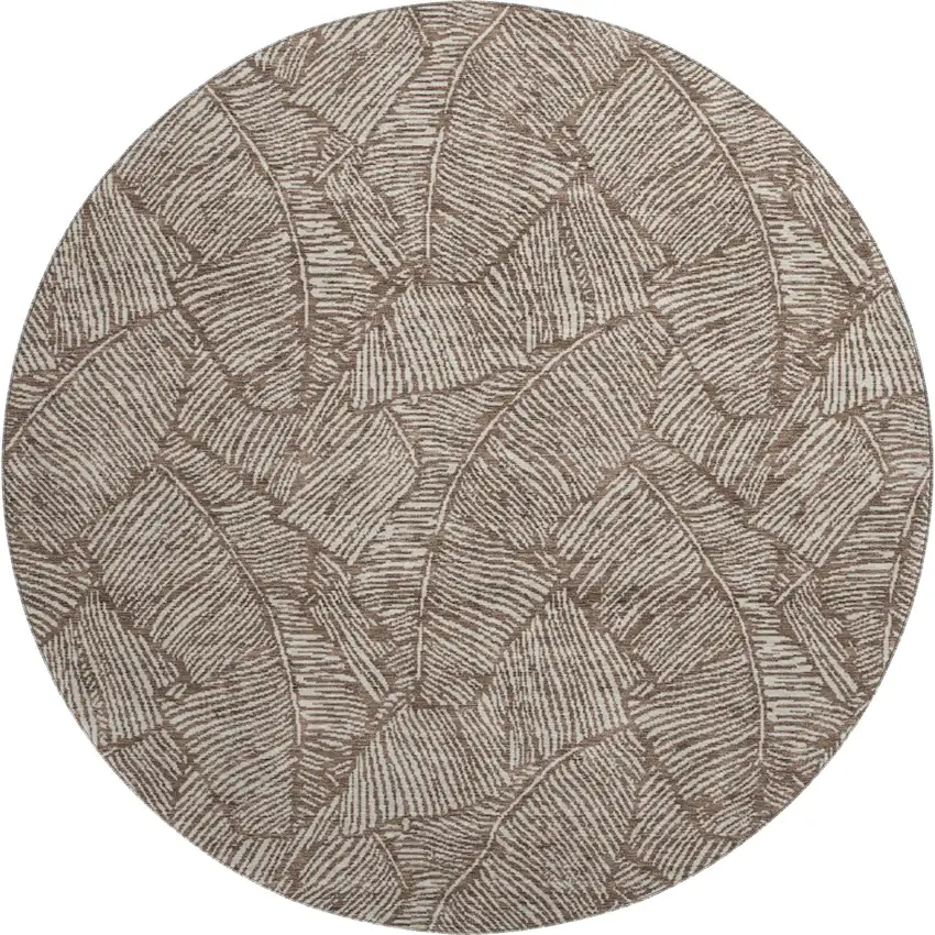 8' Brown And Beige Floral Washable Round Rug With UV Protection Photo 1