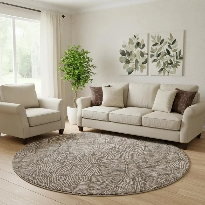 8' Brown And Beige Floral Washable Round Rug With UV Protection Photo 1