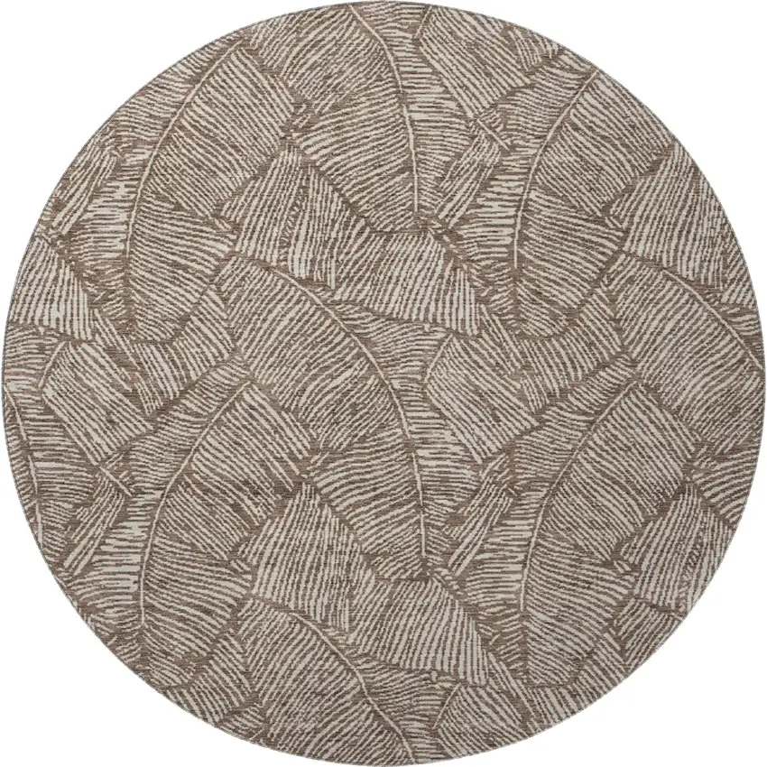 8' Brown And Beige Floral Washable Round Rug With UV Protection Photo 4