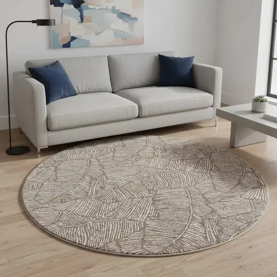 8' Brown And Beige Floral Washable Round Rug With UV Protection Photo 2