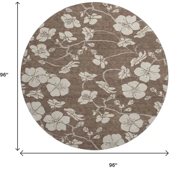 8' Brown And Beige Floral Washable Round Rug With UV Protection Photo 8