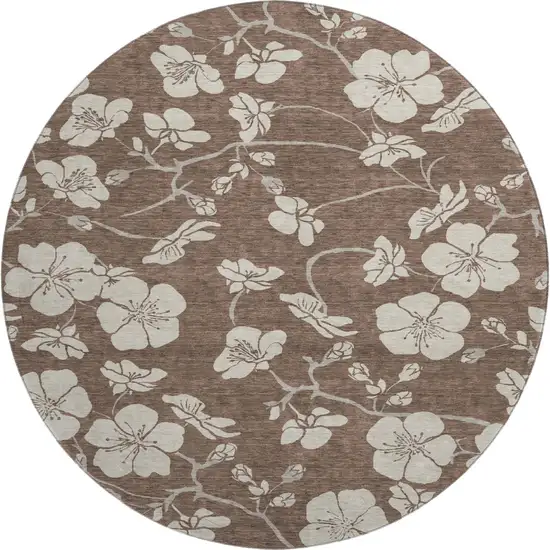 8' Brown And Beige Floral Washable Round Rug With UV Protection Photo 1