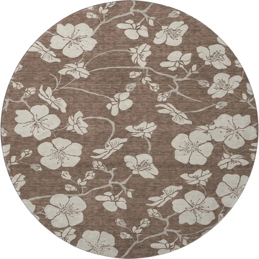 8' Brown And Beige Floral Washable Round Rug With UV Protection Photo 2