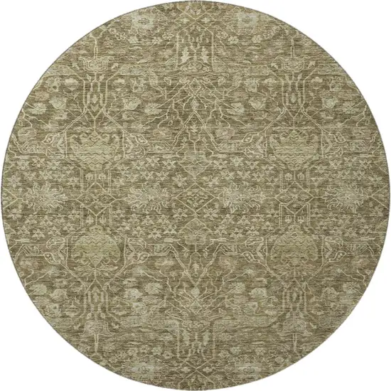 8' Brown And Beige Floral Washable Round Rug With UV Protection Photo 3