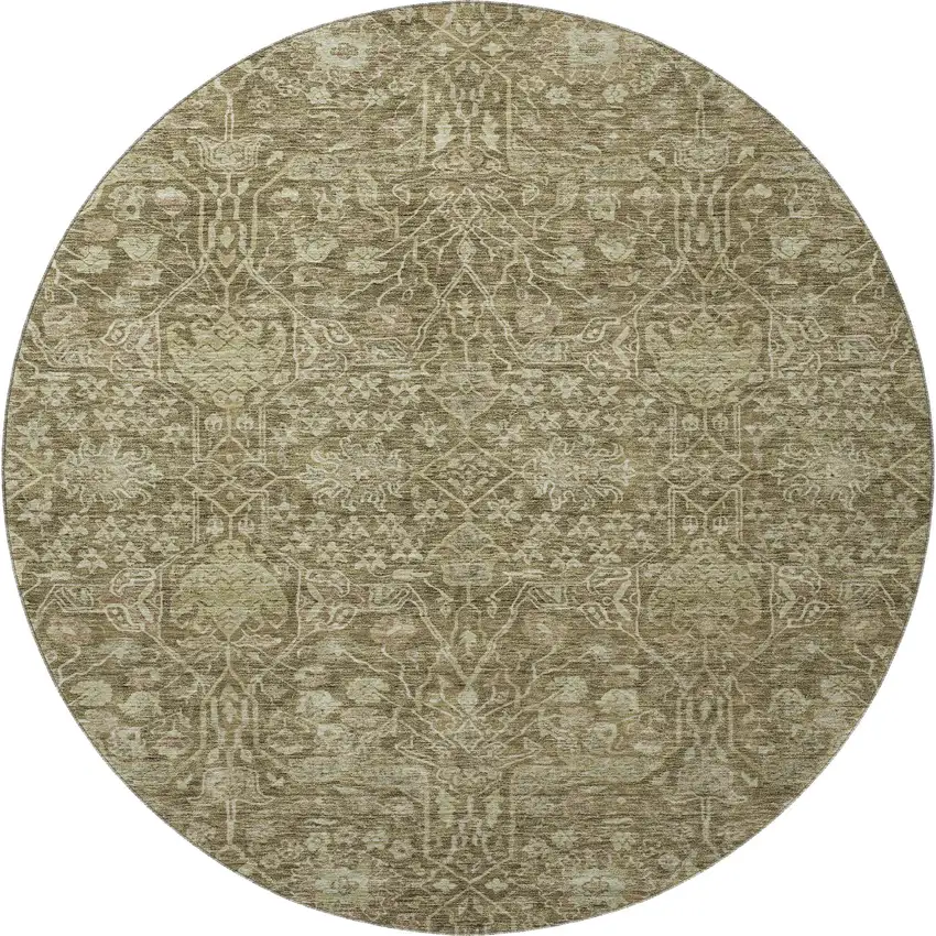 8' Brown And Beige Floral Washable Round Rug With UV Protection Photo 3