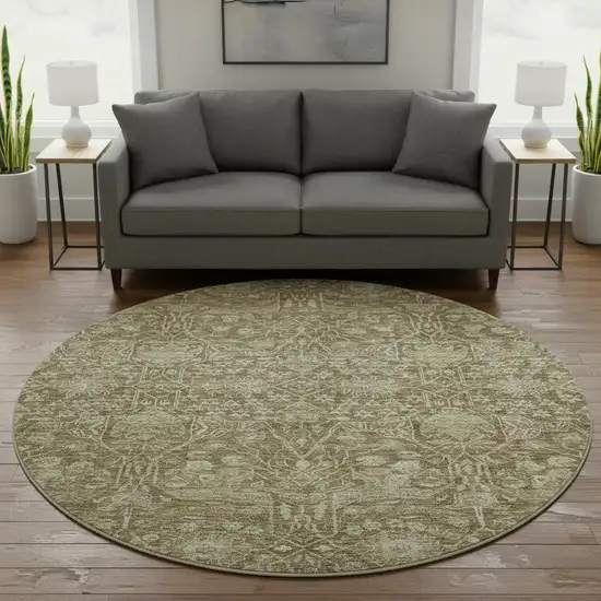 8' Brown And Beige Floral Washable Round Rug With UV Protection Photo 2
