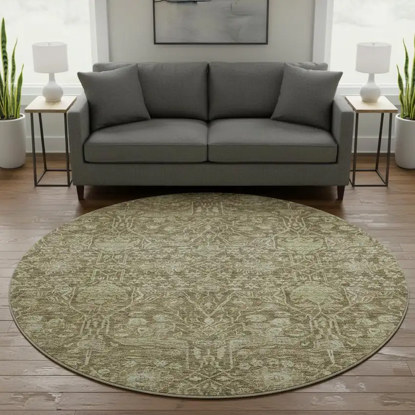 8' Brown And Beige Floral Washable Round Rug With UV Protection Photo 2