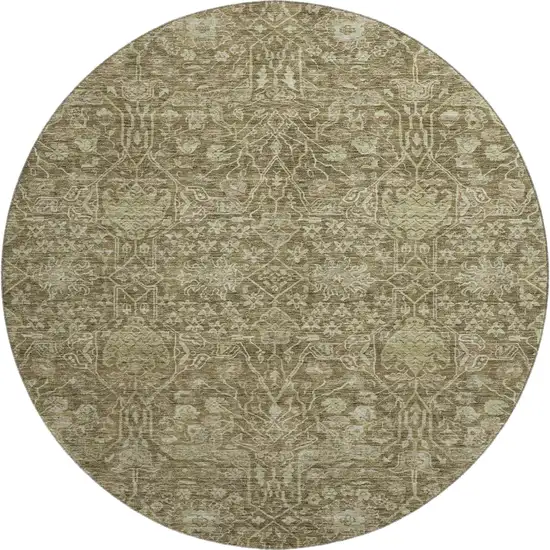 8' Brown And Beige Floral Washable Round Rug With UV Protection Photo 1