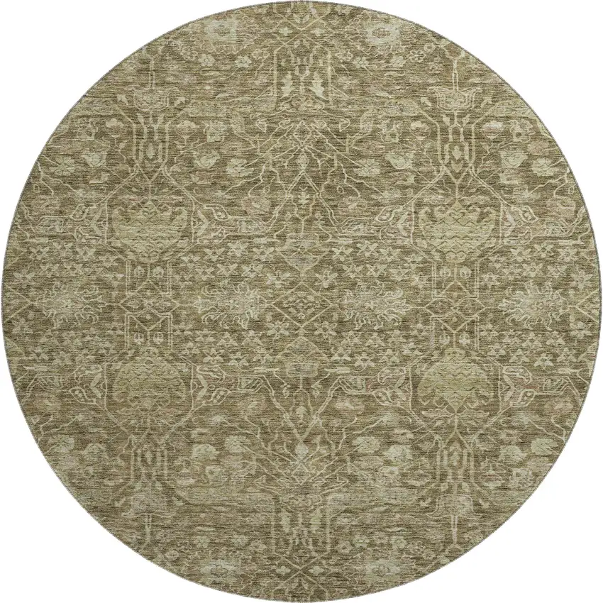 8' Brown And Beige Floral Washable Round Rug With UV Protection Photo 1