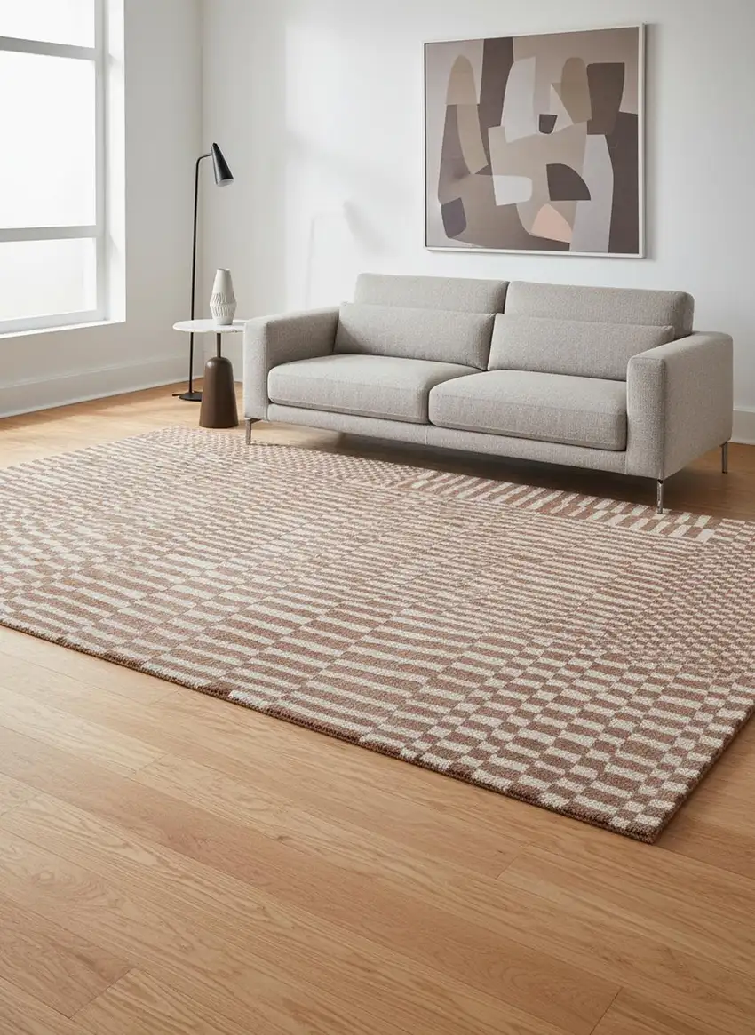 8' Brown And Beige Geometric Berber Washable Round Rug With UV Protection Photo 1