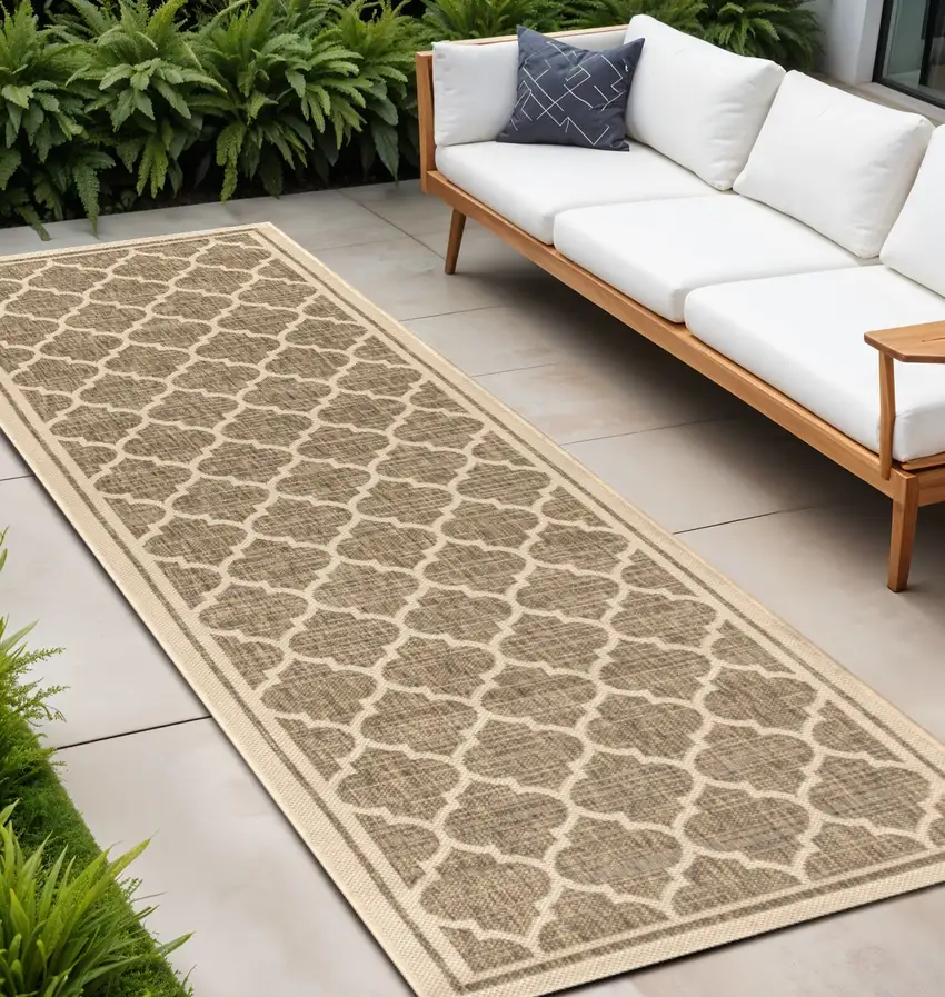 20' Brown And Beige Geometric Indoor Outdoor Runner Rug Photo 1