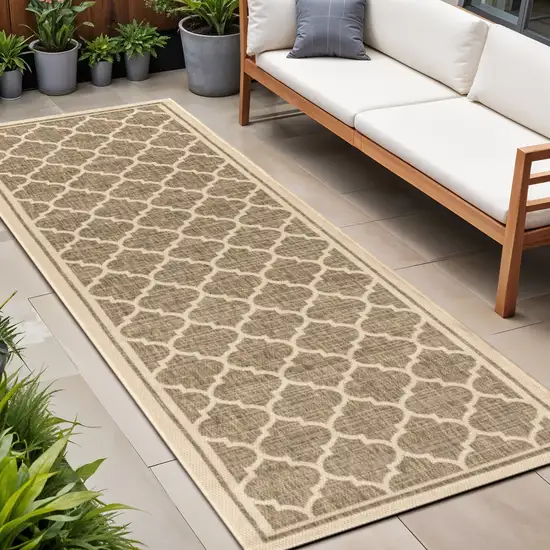 8' Brown And Beige Geometric Indoor Outdoor Runner Rug Photo 1