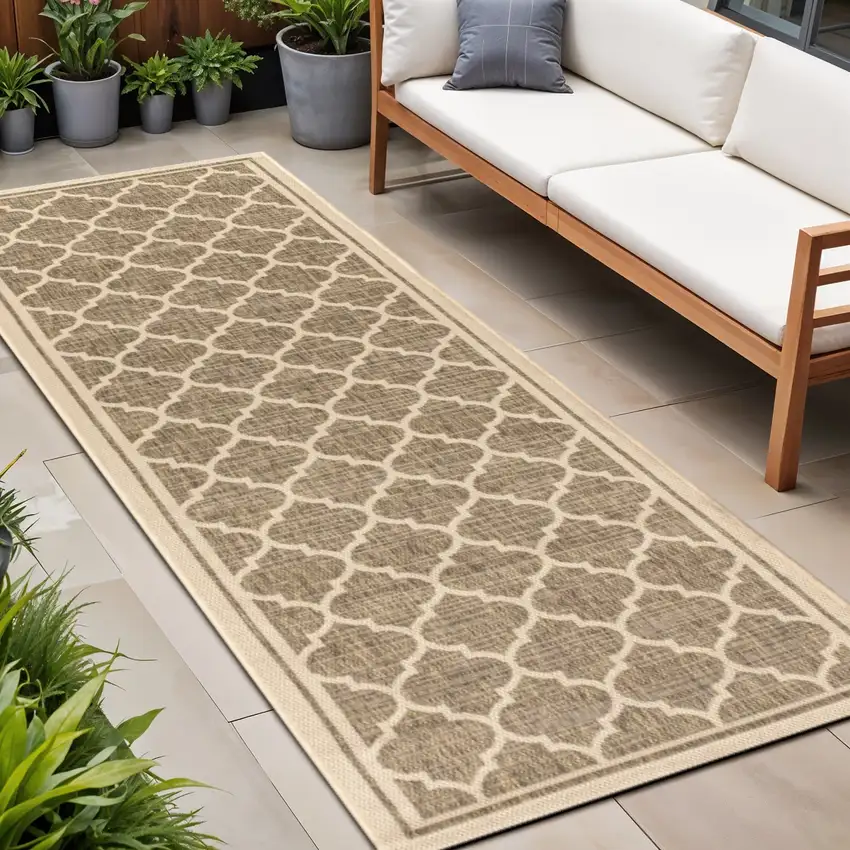 8' Brown And Beige Geometric Indoor Outdoor Runner Rug Photo 1