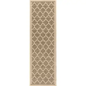 Photo of 8' Brown And Beige Geometric Indoor Outdoor Runner Rug