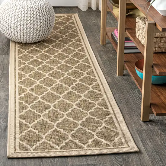8' Brown And Beige Geometric Indoor Outdoor Runner Rug Photo 4