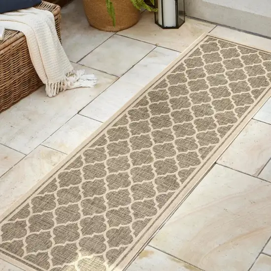 8' Brown And Beige Geometric Indoor Outdoor Runner Rug Photo 5