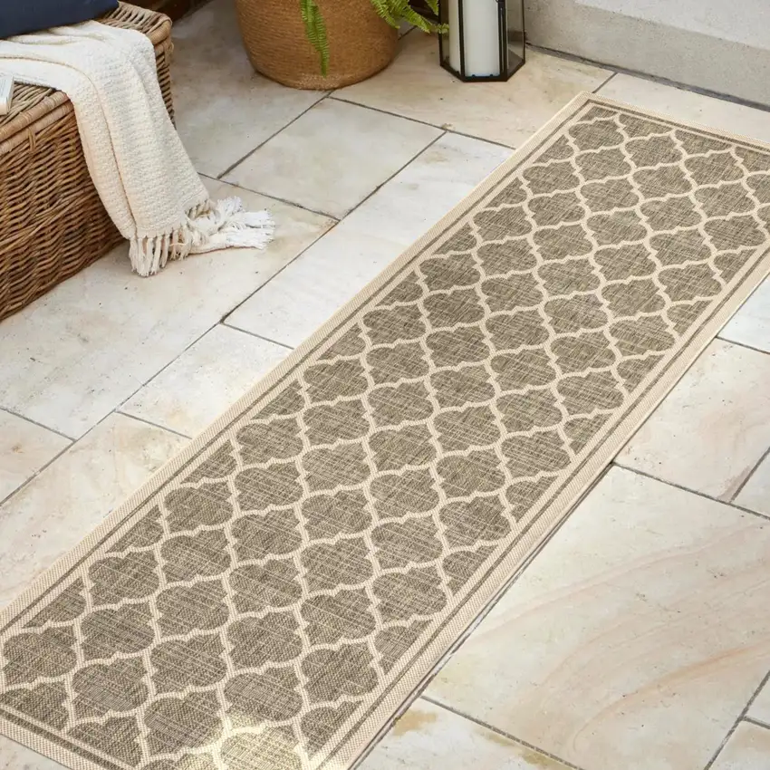 8' Brown And Beige Geometric Indoor Outdoor Runner Rug Photo 5