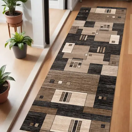 6' Brown And Beige Geometric Runner Rug Photo 1