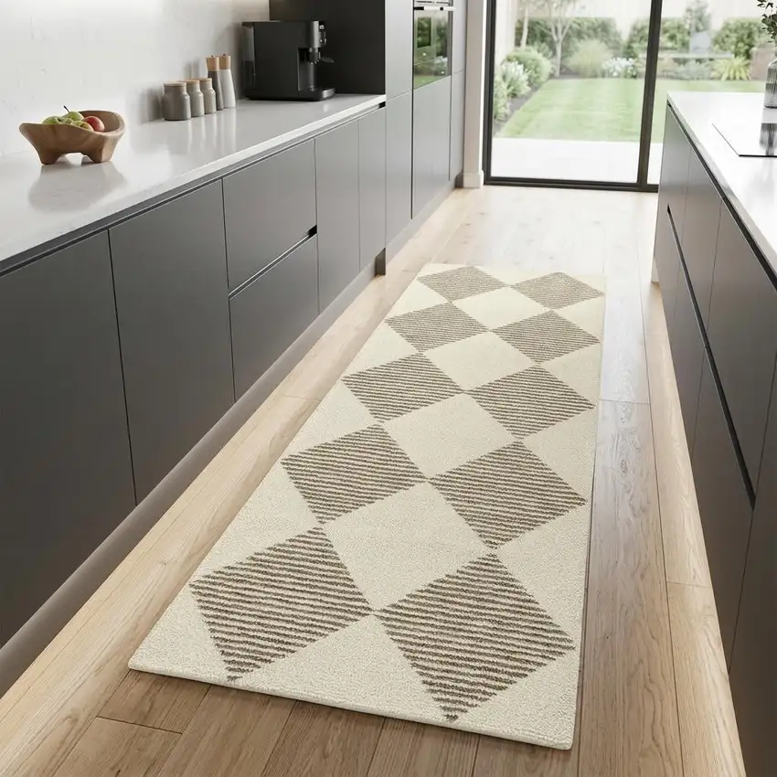 8' Brown And Beige Geometric Runner Rug Photo 1
