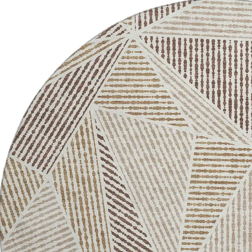 8' Brown And Beige Geometric Washable Round Rug With UV Protection Photo 4