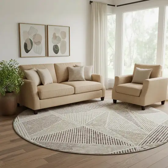 8' Brown And Beige Geometric Washable Round Rug With UV Protection Photo 1