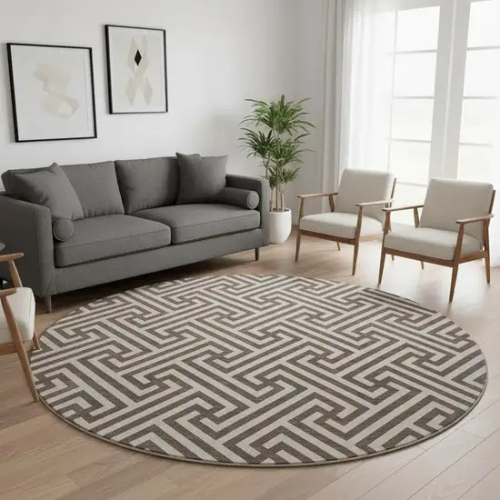 8' Brown And Beige Geometric Washable Round Rug With UV Protection Photo 2