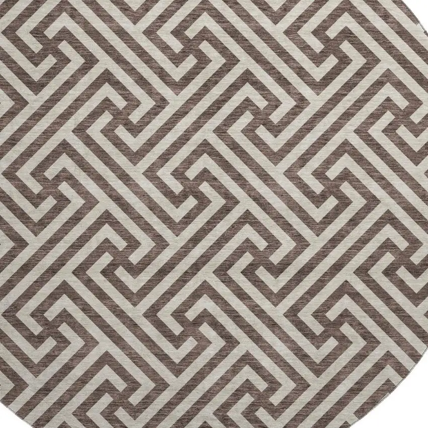 8' Brown And Beige Geometric Washable Round Rug With UV Protection Photo 3