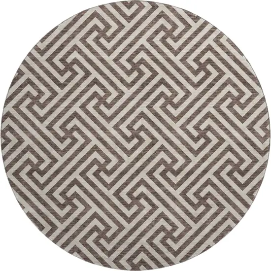8' Brown And Beige Geometric Washable Round Rug With UV Protection Photo 1