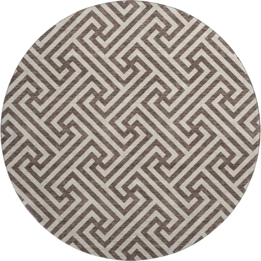 8' Brown And Beige Geometric Washable Round Rug With UV Protection Photo 1