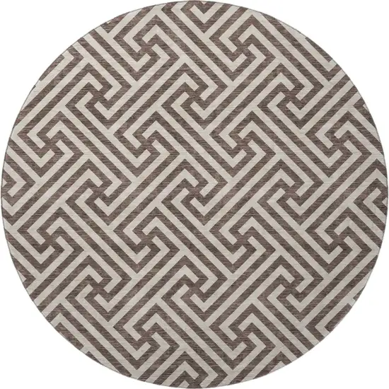 8' Brown And Beige Geometric Washable Round Rug With UV Protection Photo 4