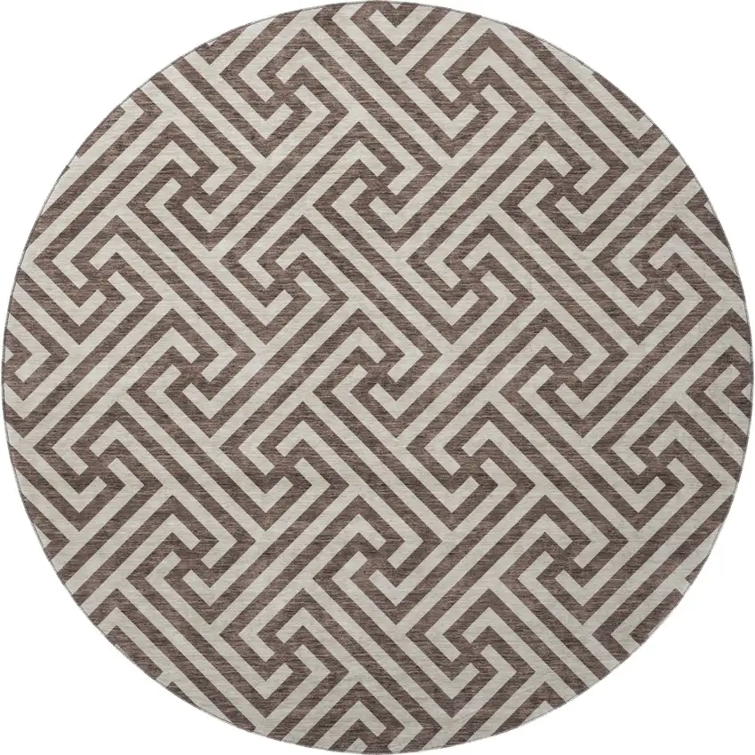 8' Brown And Beige Geometric Washable Round Rug With UV Protection Photo 4