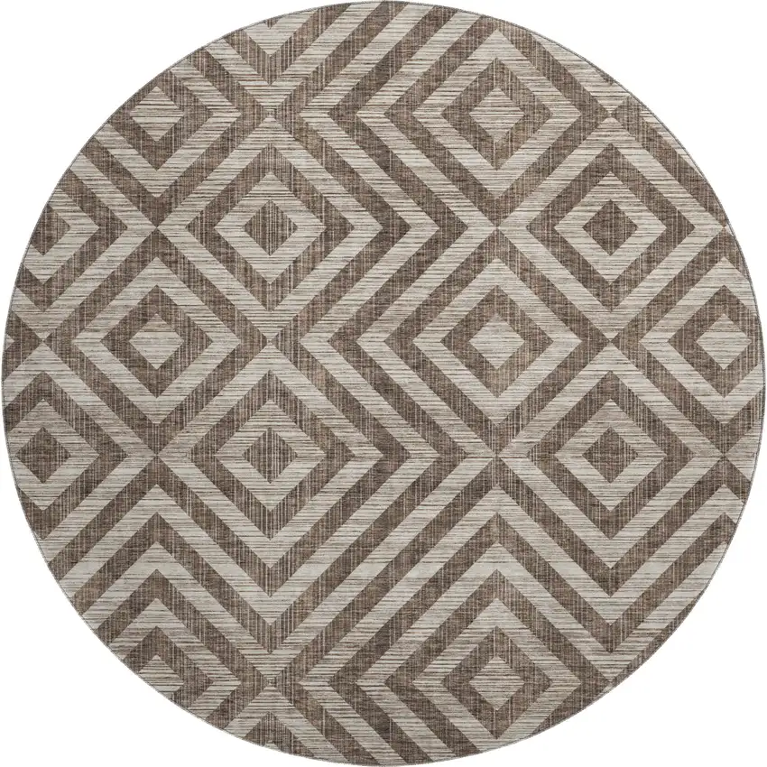 8' Brown And Beige Geometric Washable Round Rug With UV Protection Photo 1