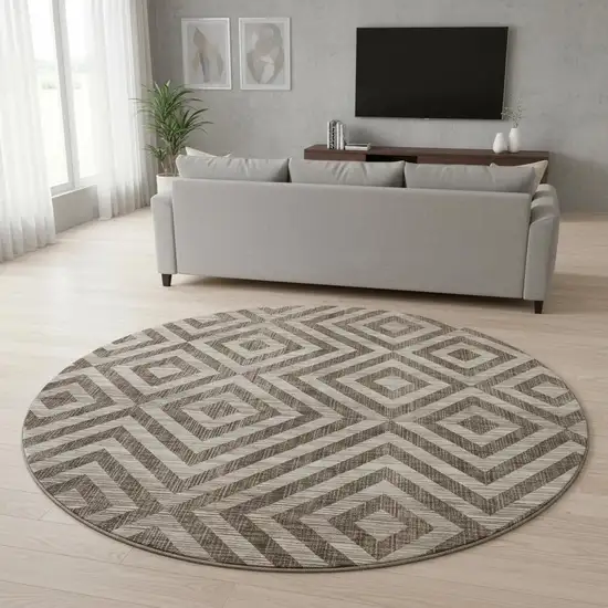 8' Brown And Beige Geometric Washable Round Rug With UV Protection Photo 2
