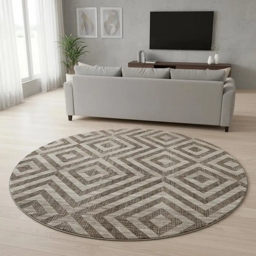8' Brown And Beige Geometric Washable Round Rug With UV Protection Photo 2