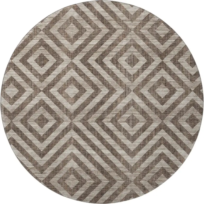 8' Brown And Beige Geometric Washable Round Rug With UV Protection Photo 4