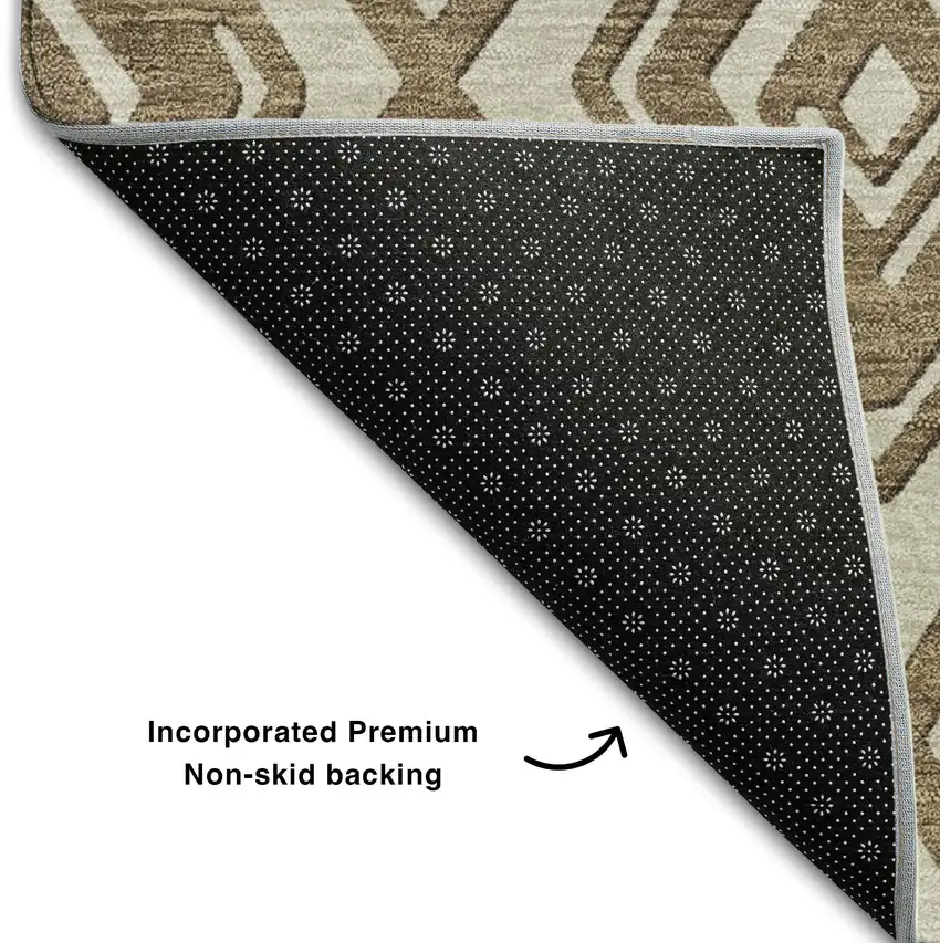 8' Brown And Beige Geometric Washable Round Rug With UV Protection Photo 6
