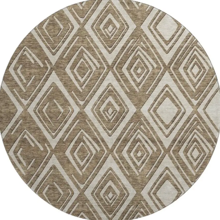 8' Brown And Beige Geometric Washable Round Rug With UV Protection Photo 4